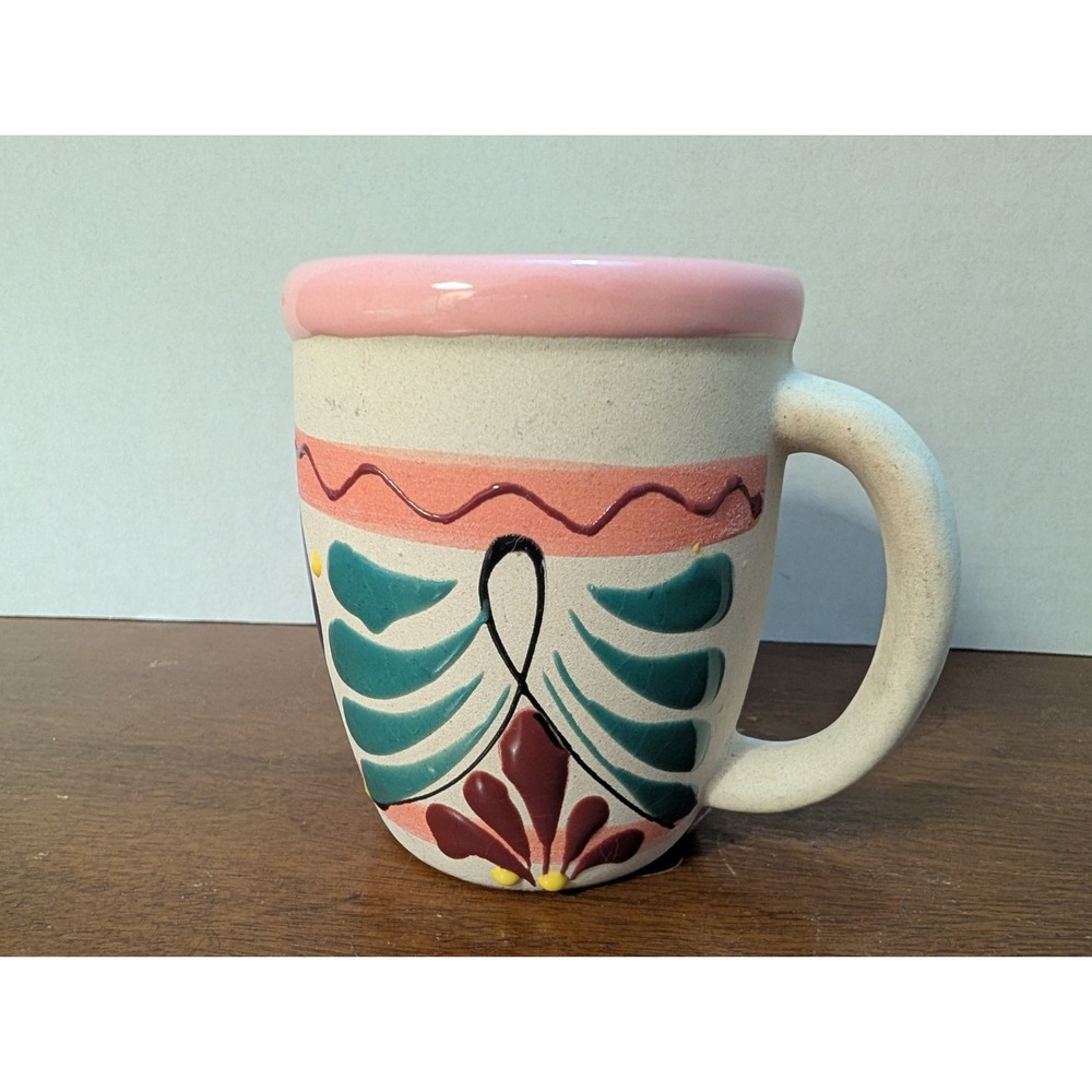 Mexican Style Hand Painted Pottery Mug, Pink Rim, Flowers
